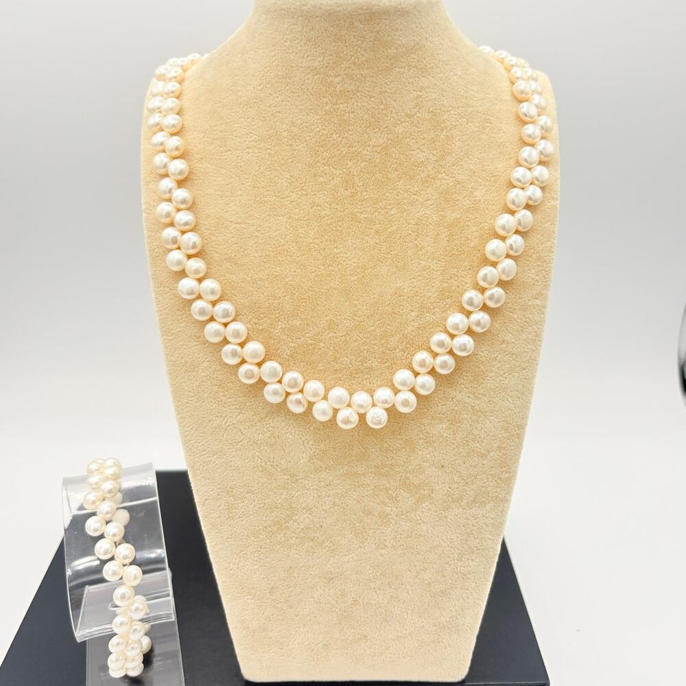 Genuine Button-Style Pearl Necklace & Bracelet Set – 925 Sterling Clasps